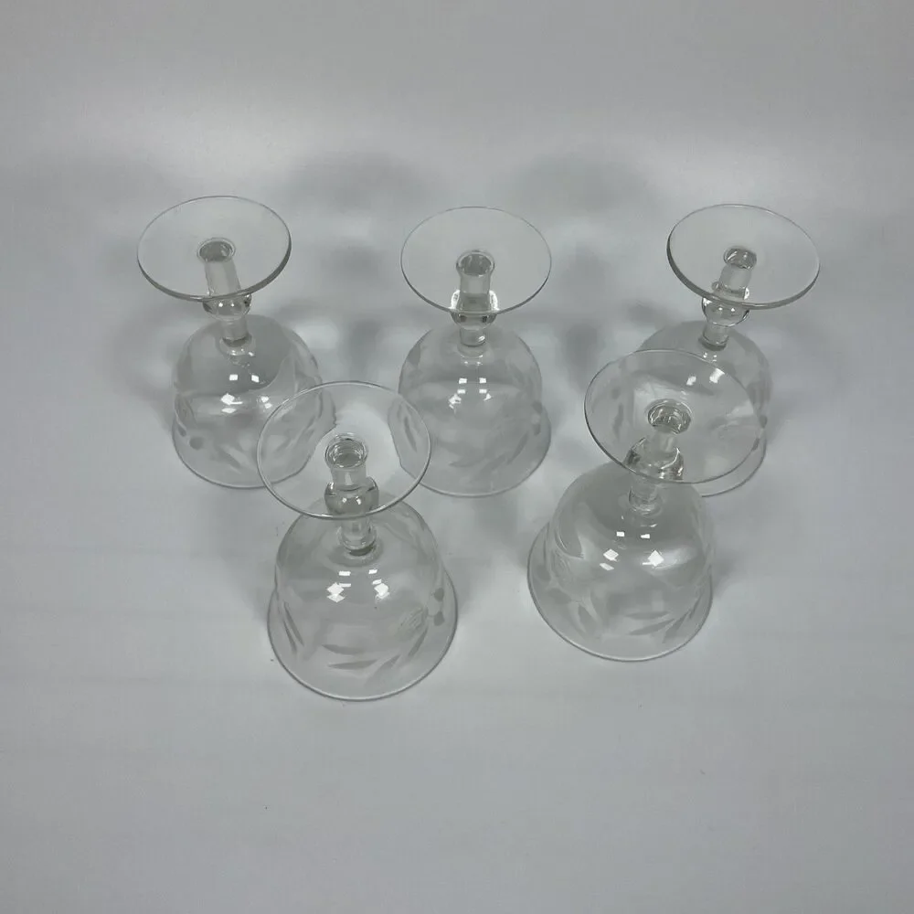 Vintage Crystal Etched Rose Flower Dessert Sherbet Cups Glasses Set of 5 1940’s